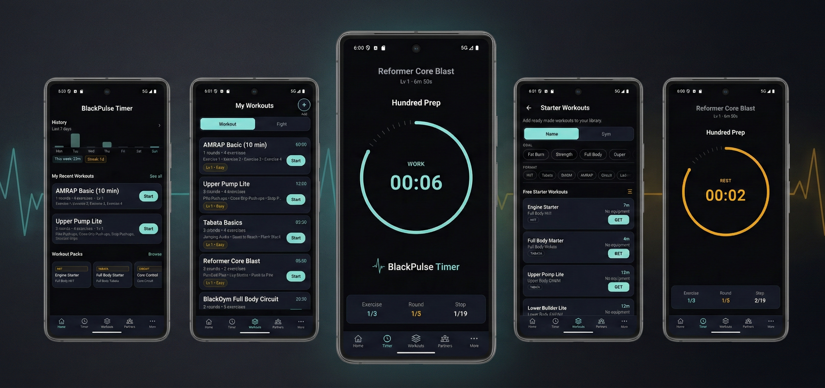 BlackPulse Timer app overview — timer, workouts, history, and starter packs